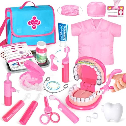 ULOVEME Pink Doctor Kit for Toddlers 3-5 with Costume - Dentist Kit for Kids with Teeth Model /Removable Teeth /Braces /Retainer - Toys for 4 Year Old Girls - Preschool Dramatic Play (Pink)