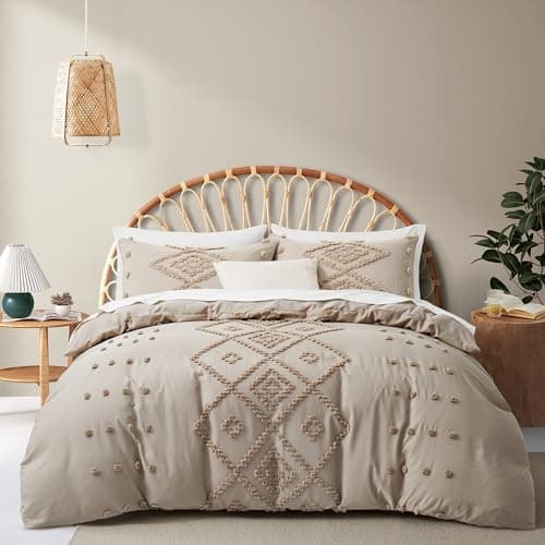 Oli Anderson Tufted Duvet Cover Twin Size, Soft and Lightweight Duvet Covers Set for All Seasons, 2 Pieces Boho Embroidery Shabby Chic Bedding Set (Khaki, Twin, 68"x90") - Image 1