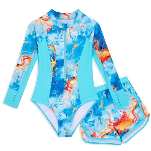 Girls Swimsuit Long Sleeve Rash Guard Two Piece Half Zipper Bathing Suits with Shorts Little Kids Sun Protection Rashguard Blue Marble Size 5-6 - Image 1