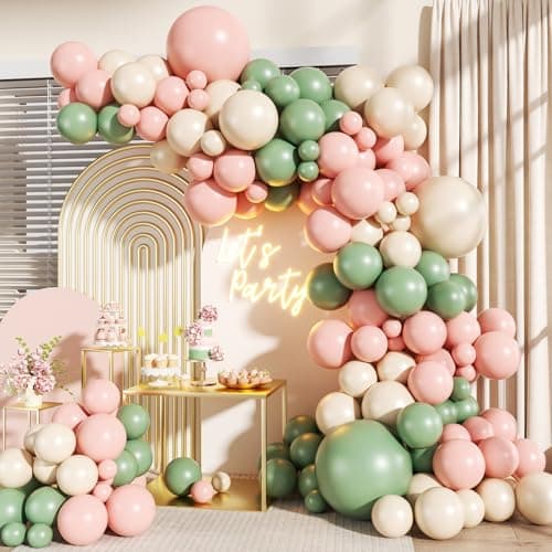 Pink and Sage Green Balloons Arch Kit, 140Pcs Pastel Sage Green Pink Sand White Balloon Garland Arch Kit for Wedding Bridal Shower Spring Birthday Party Decorations - Image 1