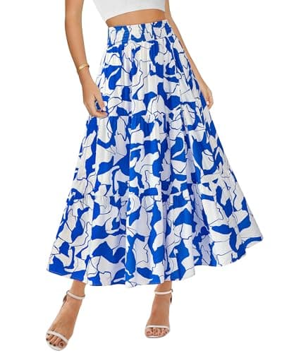BTFBM Skirts for Women Summer 2026 Floral Print A Line Elastic High Waist Boho Maxi Skirt Spring Fashion Clothing Pocket(Print Blue, Large) - Image 1