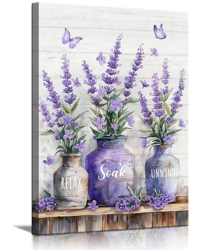 Farmhouse Bathroom Canvas Wall Art Relax Soak Unwind Wall Decor Picture Rustic Mason Jar and Butterfly Purple Lavender Posters Prints Home Bathroom Decoration 12x16in - Image 1
