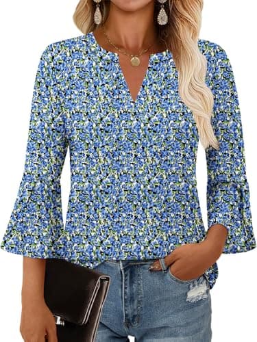 GKBK Women's Blouses Ruffle 3/4 Sleeve Dressy Top V Neck Casual Tunic Blouses Business Shirts White Blue XL - Image 1