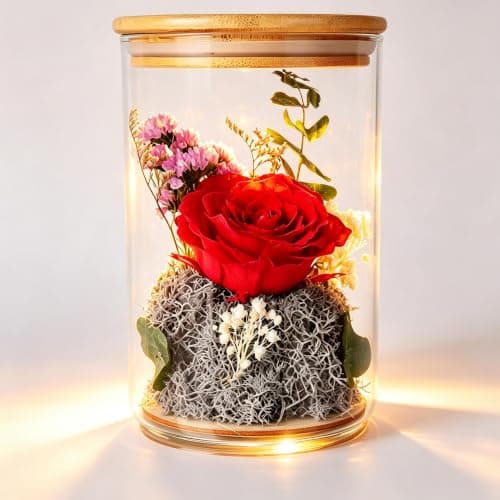 Preserved Rose Flowers in Glass Jar with Bamboo Lid - Long Lasting Eternal Real Red Roses with Eucalyptus & Moss, Forever Flower Gift for Women Mom Her Valentine Birthday Anniversary Home Office Decor - Image 1