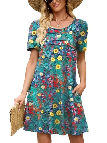 Heymoments Women Short Sleeve Dress Floral Print Medium Crew Neck Casual Flowy Cute Above Knee Sundress Comfy Shirt Teachers Summer Travel 2026 Novelty Dresses with Pockets - Image 1