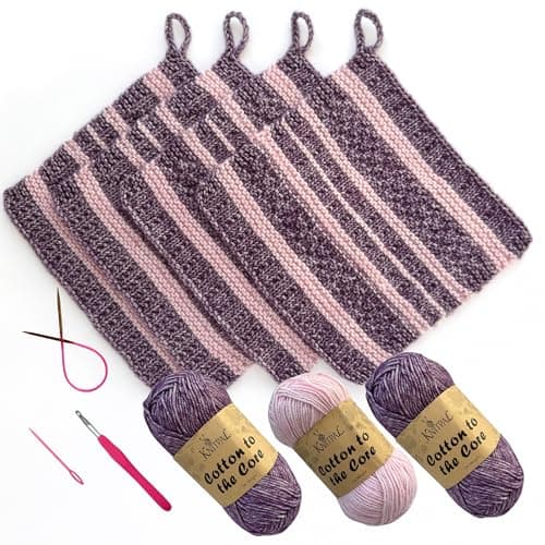 KnitPal Everyday Joy Knitting Kit – Make 4 Reusable Dishcloths for Confident Beginners – Cotton to The Core Yarn (#3 DK), Needles, Patterns & Video Tutorials (Plum Purple + Blush Pink) - Image 1
