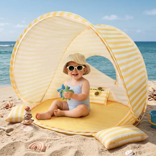 Tiny Land Baby Beach Tent – Pop Up Baby Tent with UV Protection, Portable Baby Beach Essentials, 35.4"x27.6"x31.5" Sun Shelter for Infants, Baby Summer Outdoor Use (Pastel Yellow Stripes) - Image 1