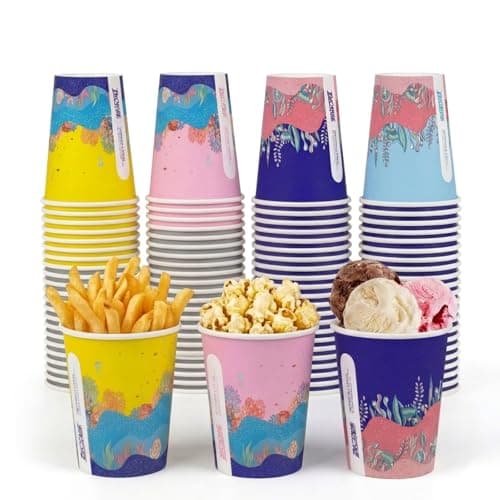 Biotakeware 100 Pcs 12oz Paper Cups for Kids, 4 Unique Ocean Theme Designs, Disposable Bulk Hot & Cold Drinking Coffee Cups for Birthday Parties, Holidays, Picnics, Travel and Special Events - Image 1