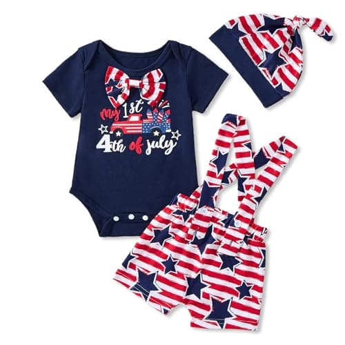 Hihosdor 3Pcs My First 4th of July Baby Boy Patriotic Outfit Set & Hat - Image 1