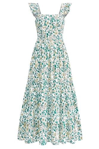 dowerme Summer Dresses for Women 2026 Casual Ruffle Smocked Tiered A-Line Boho Floral Maxi Beach Sun Dress with Pockets(White Yellow Flower,X-Large) - Image 1