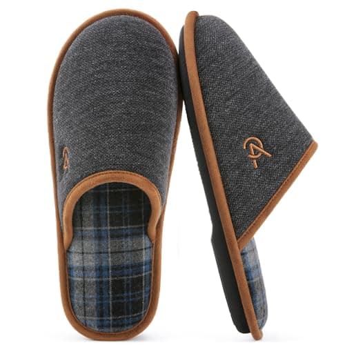 VeraCosy Men's Knitted Scottish Slippers with Soft Memory Foam Non Slip Indoor Rubber Sole Black,13-14 US - Image 1