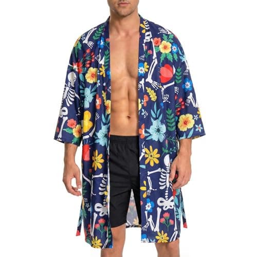 OLAOLA Men Lightweight Kimono Skull Robe with Belt Japanese Style Robe Jacket Casual Open Front Long Cardigan Cape Coat Outwear - Image 1