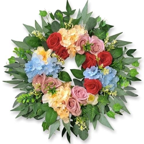 24" Mixed Flower Wreath for Front Door - Artificial Red Pink Rose & Hydrangea Floral Wreath - Multi-Foliage Spring Summer Decor for Outside Porch, Window, Wall Hanging - Image 1