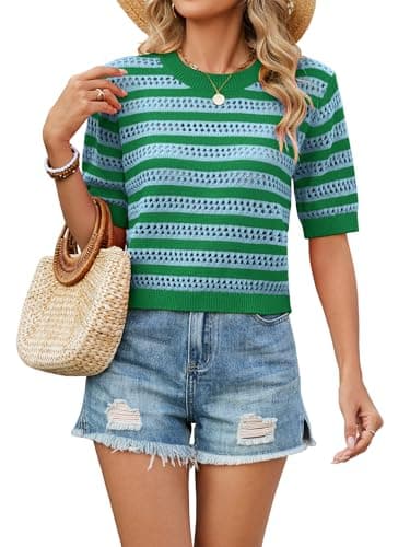 Bellcoco Crochet Tops for Women Spring Summer Short Sleeve Pullover Sweaters Crop Top Vacation Outfits Beach Cover Ups Cute Hollow Out Fashion Clothes 2026 Lake Green Small