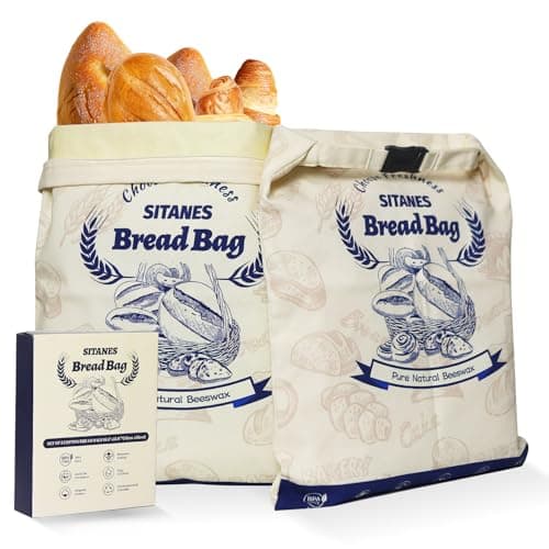 SITANES Reusable Beeswax Bread Bags (2-Pack) – 16.5×12.6 Inches, Natural Cotton Bread Bags with Zipper Closure, 10L Large Capacity & Portable Design, Fridge-Safe, for Sourdough & Homemade Food