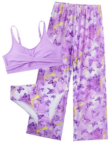 Seanrui Girls Teen Swimsuits Size 14 3 Piece Bikini Bathing Suits High Waisted Swimwear Set with Cover-Ups Long Pant - Image 1