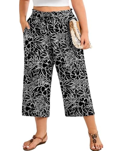 AusLook Plus Size Capri Wide Leg Pants for Women with Pockets High Waisted Elastic Drawstring Summer Casual Flowy Boho Vacation Beach Cropped Black White Flowers 5X Trousers - Image 1