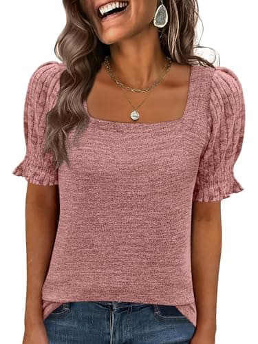 ANRABESS Womens Tops Summer Sweaters Dressy Casual Work Blouses Square Neck Ruffle Short Sleeve Tee Shirts 2026 Fashion Tunic Coral Large - Image 1