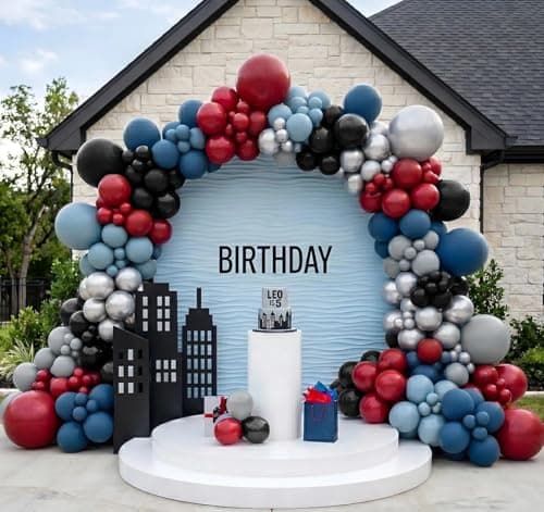 Black Red Blue Balloon Arch Garland Kit, 110pcs Double Stuffed Ruby Red Dusty Denim Blue Grey & Silver Balloon for Spider Theme Birthday Hero Graduation Pirate Baby Shower Party - Image 1