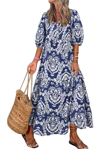EXLURA Womens Summer Faux Linen Boho Maxi Dresses Oversized V Neck Half Sleeve Floral Flowy Casual Long Maternity Dress 2026 - Image 1
