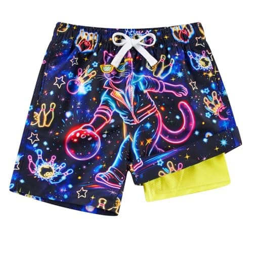 Cozople Boys Swim Trunks with Compression Liner Funny Neon Bowling Cat Graphic Bathing Suit UPF Quick Dry for Summer Surfing - Image 1