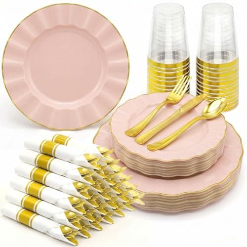 Glowserve 175 PCS Scalloped Plastic Plates Dinnerware Set for 25 guests