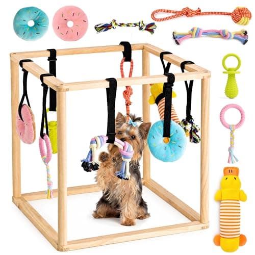 GGNT Puppy Play Gym for Small Dogs, Wooden Indoor Dog Playground with Hanging Toys, Interactive Puppy Gym & Jungle Gym for Enrichment (17.3 inch) - Image 1