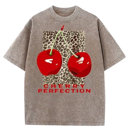 Women's Oversized Graphic Tees Cherry T Shirts Washed Vintage Casual Summer Baggy Cotton Tops Cute Grunge Shirt(Brown-S) - Image 1