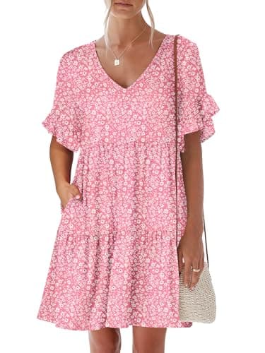 ANRABESS Dresses for Women Summer 2026 V Neck Ruffle Sleeve A Line Tiered Flowy Casual Trendy Mini Beach Dress with Pockets Floral Print Medium - Image 1