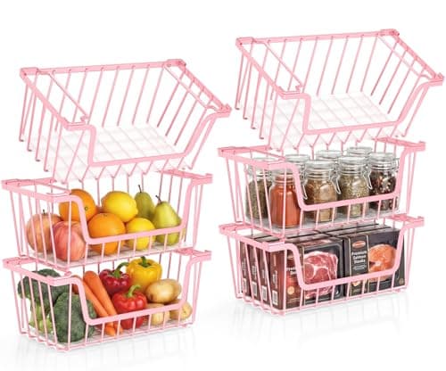 SUNALLY Stackable Storage Bins 6 Pcs Wire Baskets for Pantry Organizers and Storage, Vegetable Fruit Storage Basket for Countertop Organizer,Kitchen Storage Baskets for Onion Potato Snack,Pink - Image 1