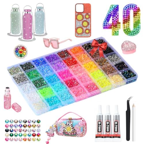 40 Colors Rhinestones Bedazzling Kit, 40000Pcs 3mm Flatback Rhinestones for Bedazzling with B7000 Glue, Tweezer & Pickup Pen, Sparkle Bedazzled Kits for Nail Art DIY Crafts Shoes Phone Case - Image 1