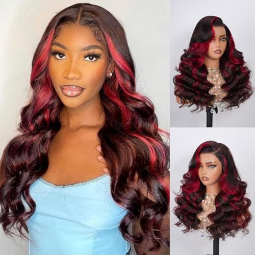 RUOXUAN Red Black 9x6 Glueless Lace Front Highlight Wig Human Hair Ombre Body Wave Red Burgundy Colored Wigs Human Hair 9x6 HD Glueless Lace Frontal Wigs 200 Density Pre Plucked For Women 20 Inch - Image 1