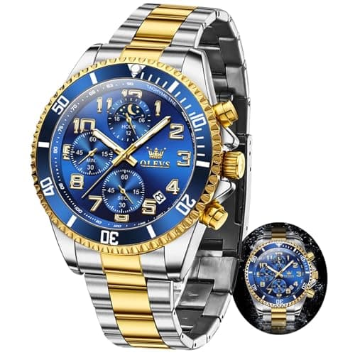 OLEVS Watch Men Luxury Chronograph Moon Phase Large Blue Face Waterproof Analog Quartz Wrist Watches for Men Fashion Silver and Gold Stainless Steel Luminous Nice Mens Watches Relojes para Hombres - Image 1