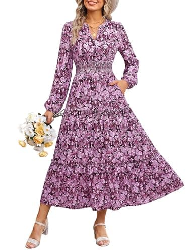 GRACE KARIN Women's Floral Maxi Dress 2026 Fall Long Sleeve V Neck Empire Waist A Line Flowy Dress with Pocket Purple XL - Image 1