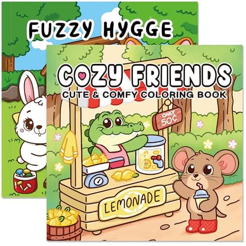 NexAmeri Cozy Friends Cute & Comfy Coloring Book for Adults & Teens or Kids, Stress Relief - Fuzzy Hygge. Two-Book Set, Containing 96 Pages. Cozy Coloring Book.Teenager Girl and Boys Gift Ideas. - Image 1