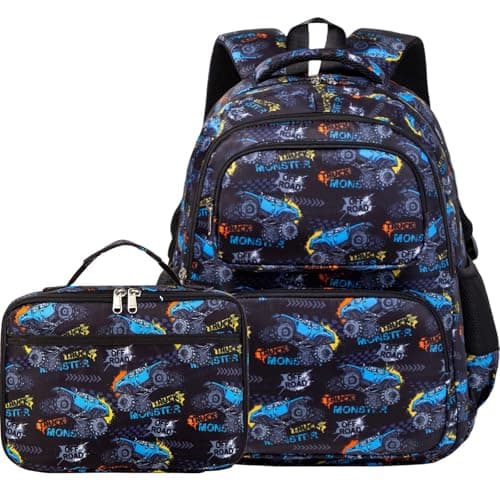 AUIVTY Kids Backpack Boys Monster Truck Backpack with Lunch Box Preschool Kindergarten Elementary Water Resistant Bookbag for Boys Ages 4-14 Travel Camp Sport, Off Road Car-Blue and Black - Image 1