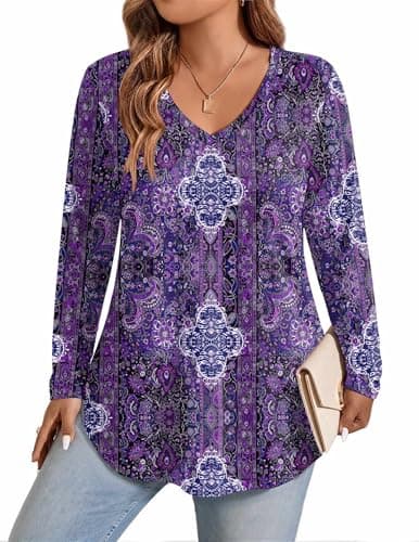 IN'VOLAND Plus Size Tops for Women Long Sleeve Blouse V Neck T Shirts - Image 1