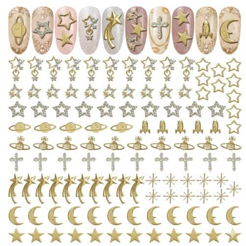 110 Pcs Gold Star Nail Charms – Complete Gold Nail Charms and Gems Kit with Stars, Planets, Moon, Crosses & Rockets – Designed for Creating Detailed, Custom Manicure Designs with Easy Application - Image 1