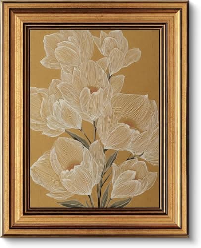Gold Framed Wall Art, Vintage White Magnolia Flowers Line Canvas Prints, Neutral Japandi Style Floral Picture Wall Decor, Minimalist Botanical Artwork for Living Room Bedroom 12x16 inch - Image 1