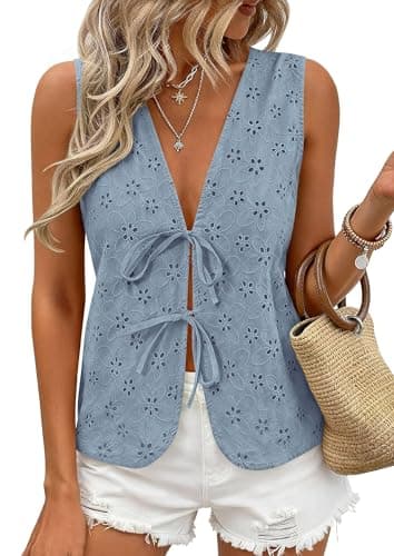 PRETTYGARDEN Women 2026 Summer Tie Front Eyelet Tank Tops Trendy Floral Vest Sleeveless V Neck Dressy Blouse Vacation Outfits (Dusty Blue,X-Large) - Image 1