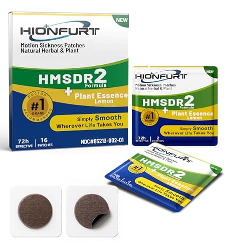 Hionfurt HMSDR2 16ct Motion Sickness Patches with Plant Essence – Lemon – Sea Sickness Patches for Cruise, Car, Airplane – Non-Drowsy, 72H Lasting