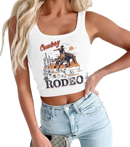 Tewmeu Cowgirl Cropped Tank Tops Summer Country Concert Outfits for Women Western Cowboy Vintage Graphic Crop Top - Image 1