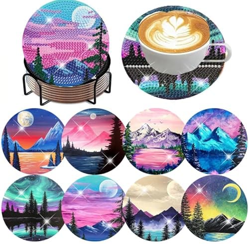 ijbnhd Sunsets Diamond Painting Coasters Kits, 8 Pieces Sunsets Diamond Art Coasters with Holder, DIY Art kit for Beginners 4X4inch (Cork Wooden Pad) - Image 1
