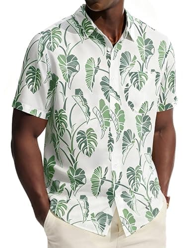PJ PAUL JONES Hawaiian Shirts for Men Short Sleeve Button Down Shirt Wrinkle Free Summer Vacation Aloha Shirt Tropical Leaf Print - Image 1