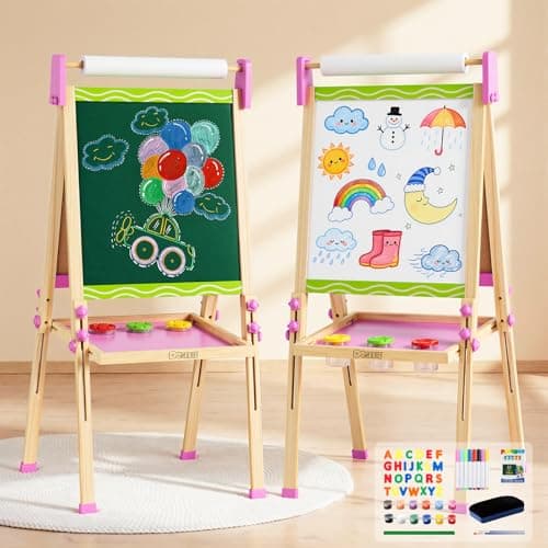 Doselie Easel for Kids,Adjustable Wooden Kids Art Easel with Paper Roll,Double-Sided Magnetic Toddler Easels,Dry Erase Whiteboard and Chalk Board,Toys for 3 4 5 6 7 8 9 10 Year Old Girl Boy Gift - Image 1