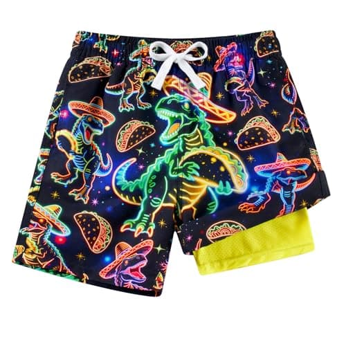 Cozople Boys Swim Trunks with Compression Liner Neon Taco Dinosuar Graphic Swim Shorts with Pockets Stretchy Anti-Chafe for Surfing - Image 1