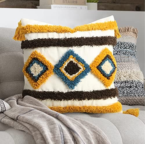 Pyonic Boho Throw Pillow Covers 18x18 Woven Tufted Decorative Pillow Covers with Tassel,CR-Color-b