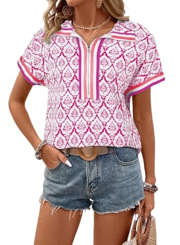SHEWIN Women Summer Shirts Trendy Casual Dressy Tops Spring Work Business Blouses Fall Fashion Half Zip Outfits Boho Bohemian 2026 Clothes Size M,Hot Pink - Image 1