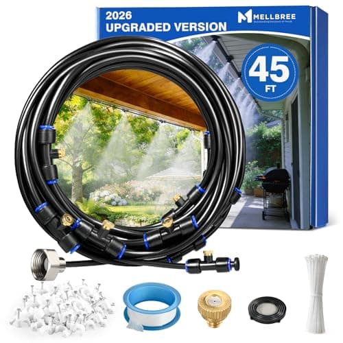 Mellbree Misters for Outside Patio 45FT/14M, Pre-Assembled Misting Cooling System with 12 Brass Nozzles & 3/4" Adapter, Outdoor Mister for Patio, Garden, Greenhouse, Pavilion, Dog House, Chicken Coop - Image 1