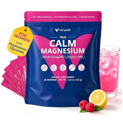 VIVI Youth Calm Magnesium Powder for Women with KSM-66 Ashwagandha, L-Theanine & GABA — Magnesium Glycinate for Night Relaxation, Stress Relief & Muscle Relaxation — Raspberry Lemonade Flavor, 20 Ct - Image 1